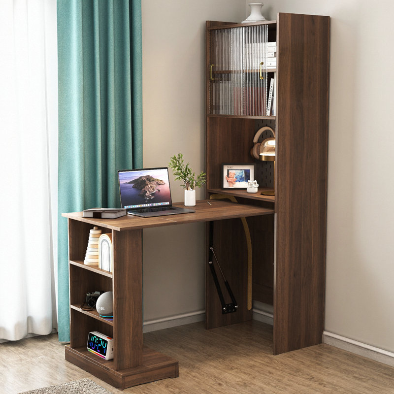 Bureau 68 po pliable en noyer 68 po - 2 portes coulissantes en verre, mur à crochets perforés, profondeur de 13 po lorsqu'il est fermé, 107 lb, petit bureau / poste de beauté
