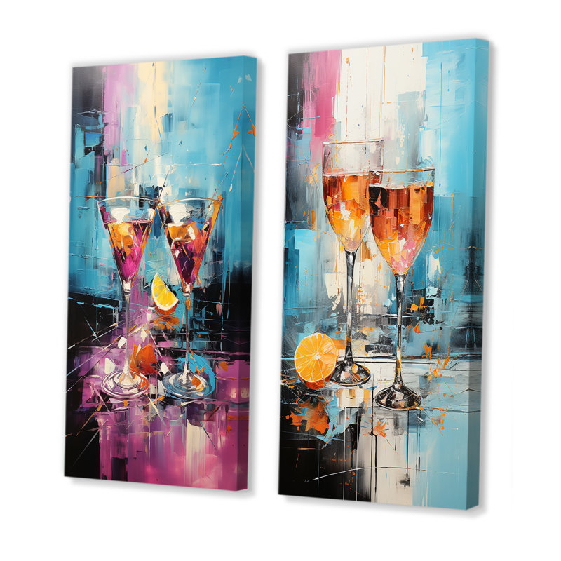 Abstraits cocktails roses et bleus - ensemble de 2 impressions sur toile cocktail, Toile tendue, H 28 po x l 25 po