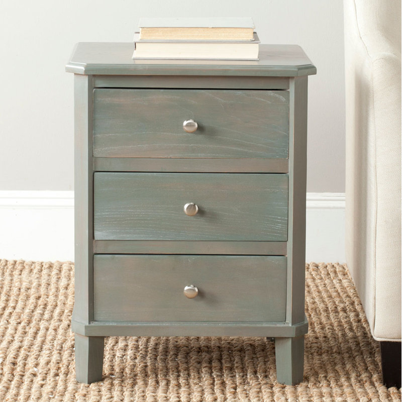 25'' H Joe Pine End Table - 3 Drawer Nightstand with Silver Pulls, Stylish Farmhouse Bedroom Storage, Ash Gray