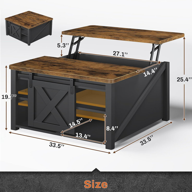 Veronike Square Farmhouse Lift Top Coffee Table , Black/Rustic Brown