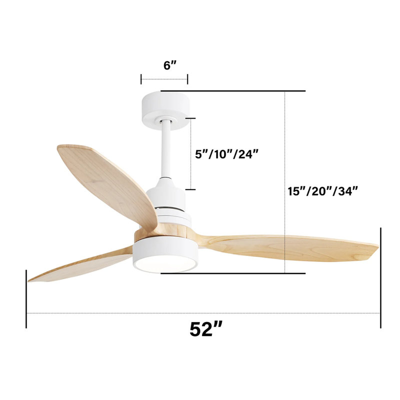 52 Inch Integrated LED Ceiling Fan with Light and Remote Control Solid Wood Blades for Living Room, Natural Wood, White