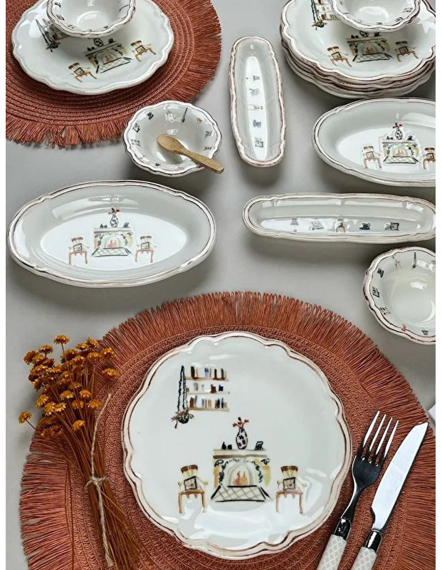Ensemble de petit-déjeuner élégant 14 pièces, 100% porcelaine | Comprend 6 assiettes de service (7,9 pouces), 4 bols Joker (3,9 pouces), 2 plaques d'huile (7,5 x 4,7 pouces), 2 plateaux (7,9 x 2,8 pouces) | Va au lave-vaisselle et au micro-ondes, parfait pour un repas élégant