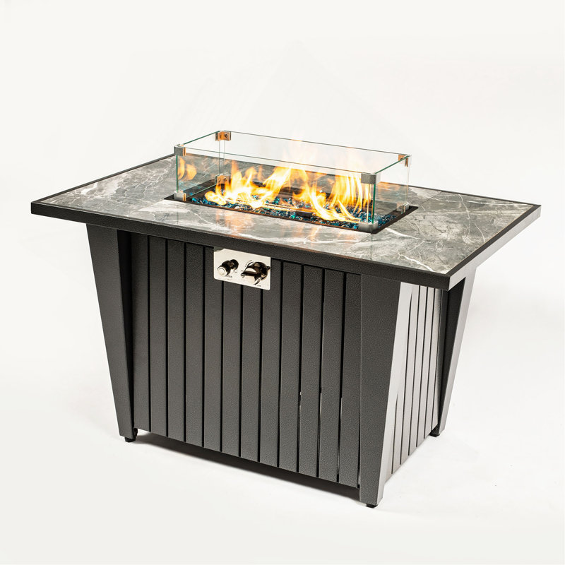 Foyer de table au propane 42 po 42 po, foyer rectangulaire en acier de 50 000 BTU avec pare-vent en verre pour terrasse de jardin