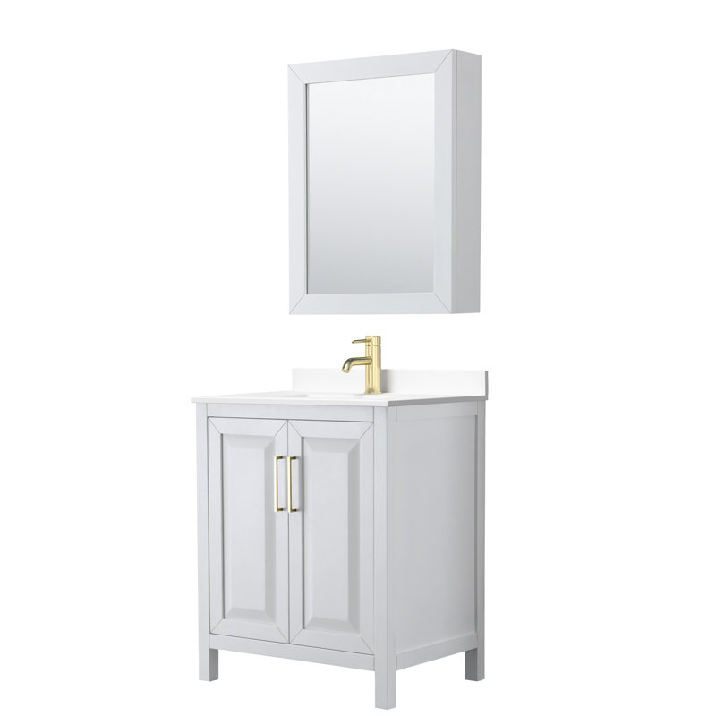 Ensemble de meuble-lavabo simple 30 po avec miroir Daria, Marbre de culture blanc, Blanc, Or brossé
