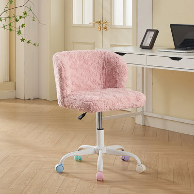 Chaise de bureau Furniture Furniture, chaise de bureau à domicile en poils de lapin artificiels avec base en métal, chaise de bureau pivotante réglable, chaise de coiffeuse (rose)