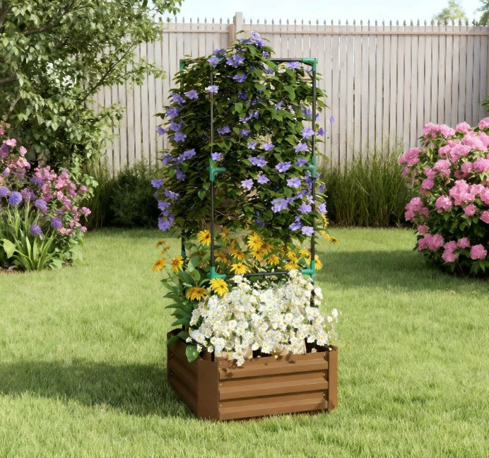 Garden Bed,Galvanized Planter Box,Raised Garden Bed With Cage For Climbing Vines, Brun