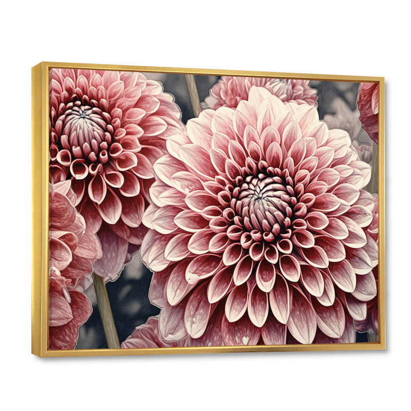 Palette de dahlia rose et noir sur toile, Cadre flottant doré, 12" H x 20" W