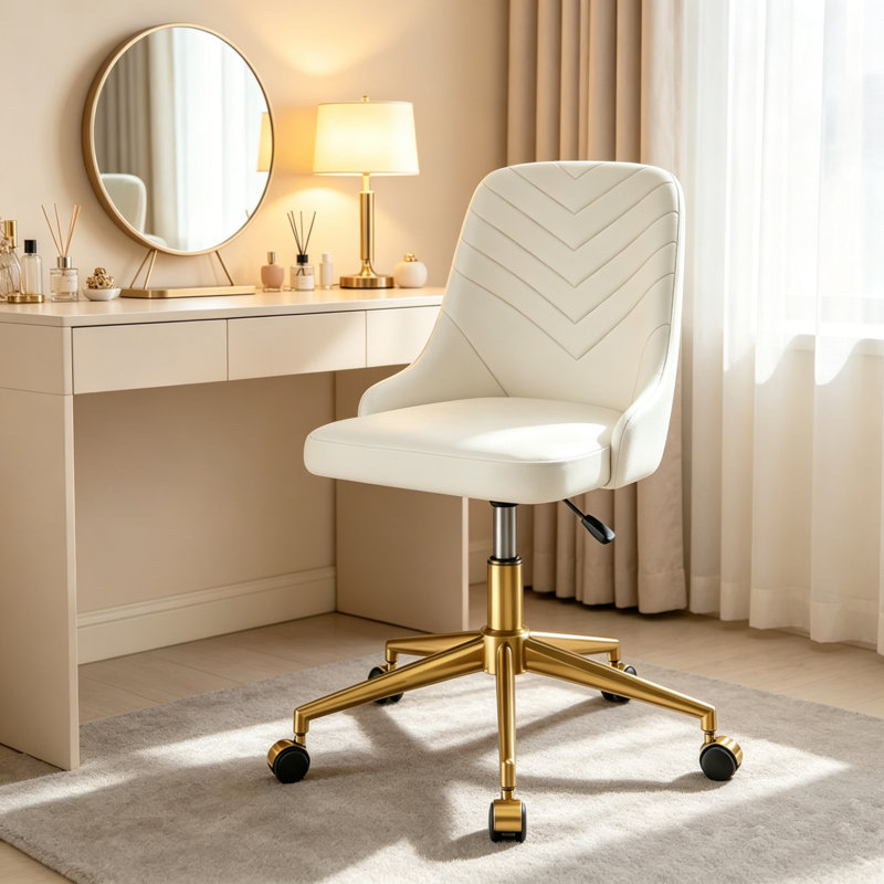 Modern Mid-Back White Swivel Desk Chair, Height Adjustable Home Office Chair for Bedroom, Living Room & Vanity Makeup, White