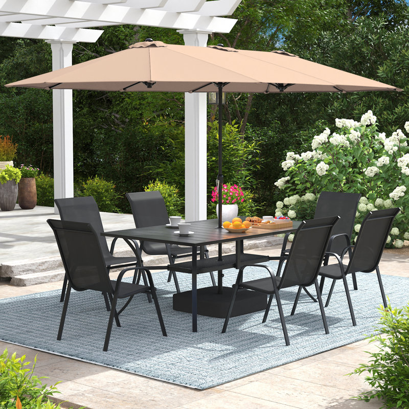 6-Person Rectangular Patio Dining Set With Umbrella & Textilene Stackable Chairs, Noir / Beige