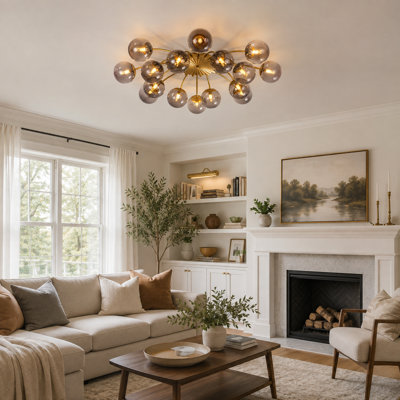 38" 16-Light Gold Semi-Flush Mount Chandelier with Smoke Gray Glass Globes, Modern Sputnik Ceiling Light