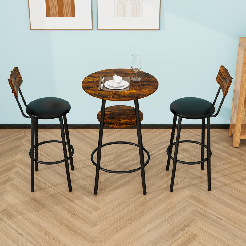 Round Bar Stool Set with Shelf and Upholstered Stools, Rustic Brown
