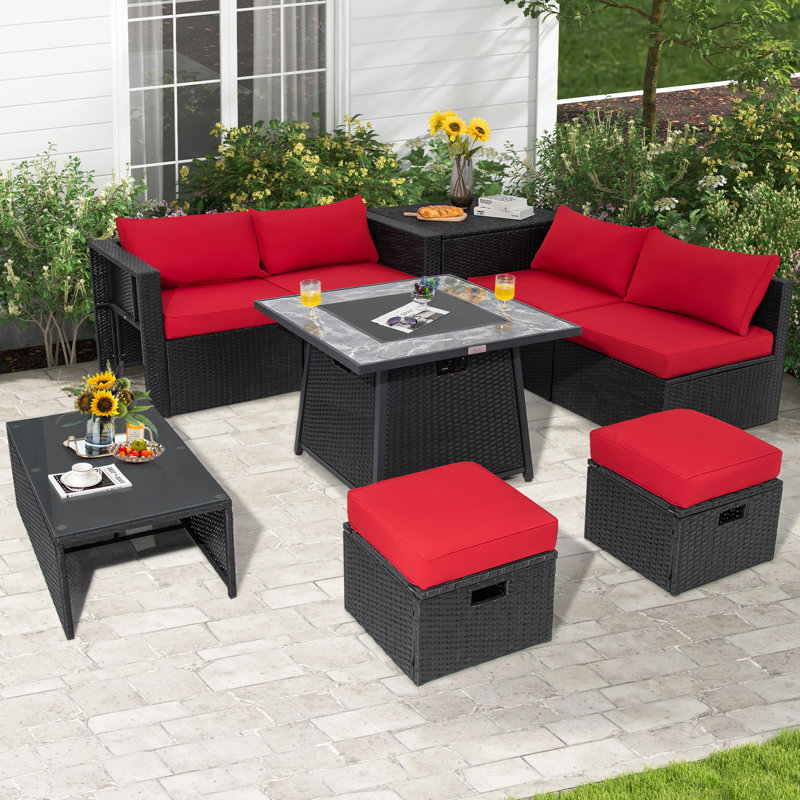 Ensemble de conversation d'extérieur pour 6 personnes avec coussins Saabir, Noir, Rouge