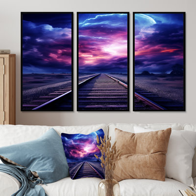 Lavande, train, rails, fuchsia, coucher de soleil I - ensemble d'art mural train
