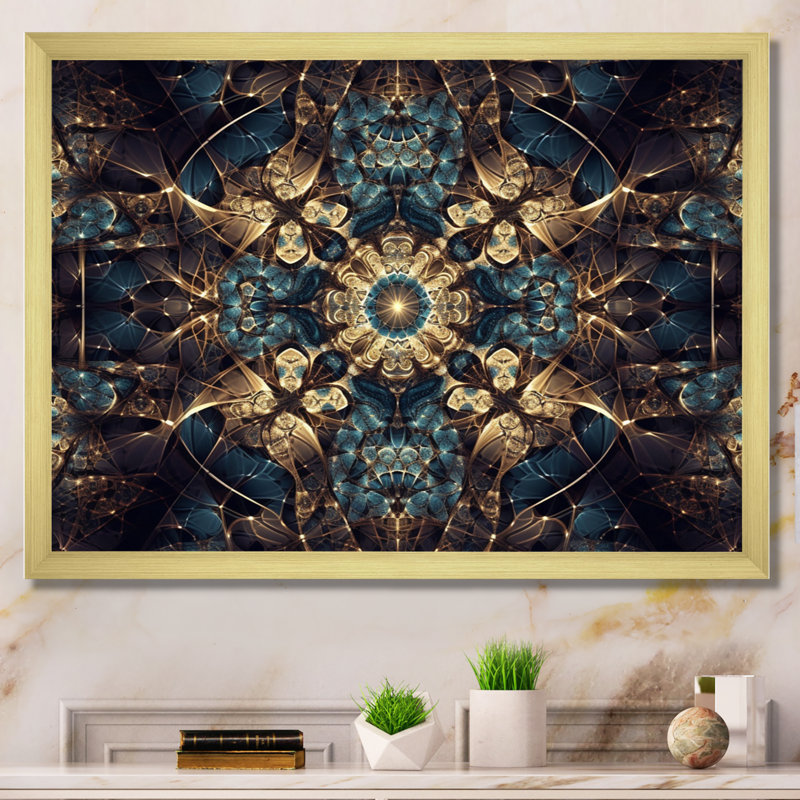 Bleu et or explorant les abstractions fractales I, H 12 po x l 20 po x P 1 po, Toile encadrée dorée avec coins fermés