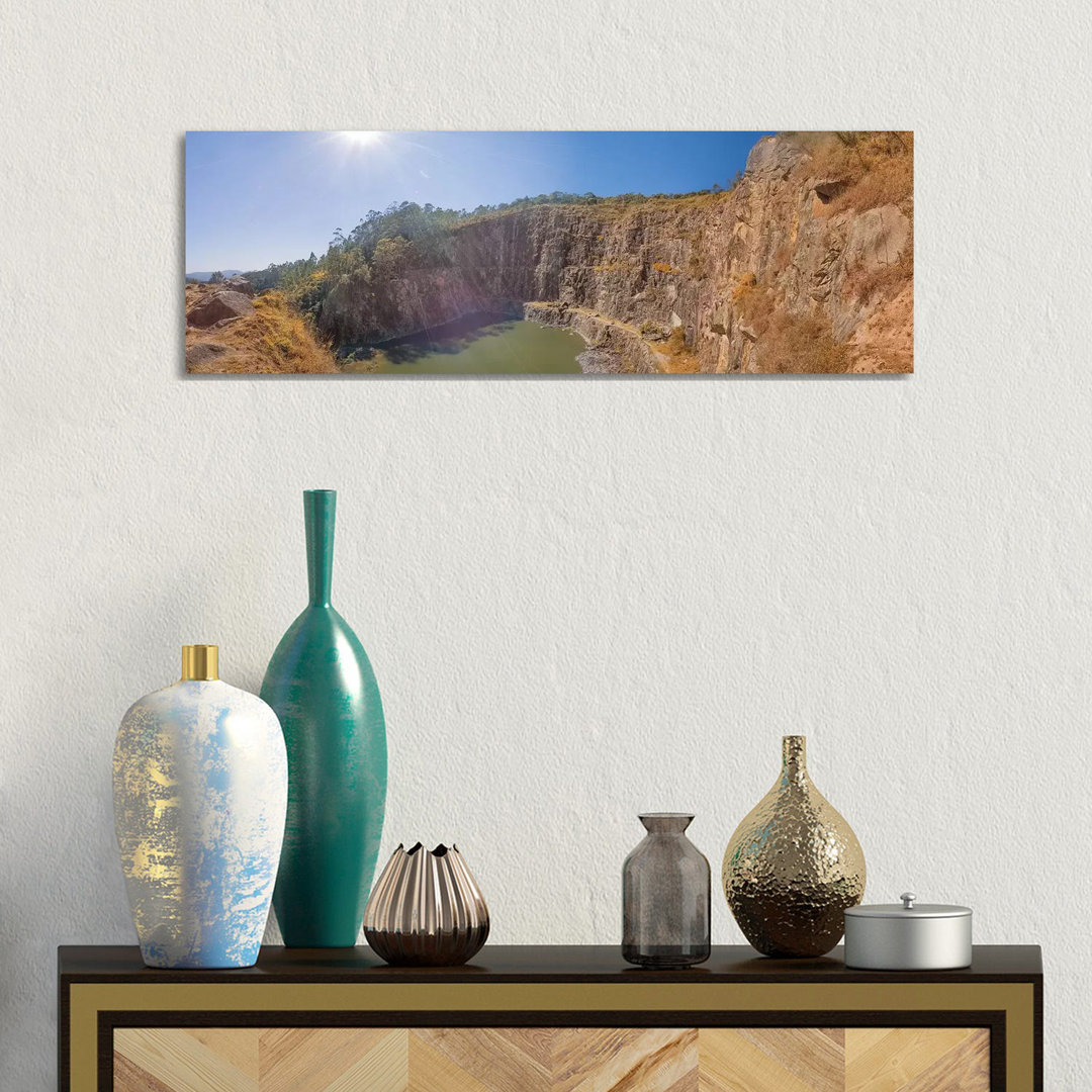 Mountain Landscape With Lake And Blue Sky - Wrapped Canvas Panoramic Print
