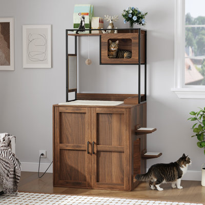 Tour pour chat avec bac à litière avec tablettes et station de charge