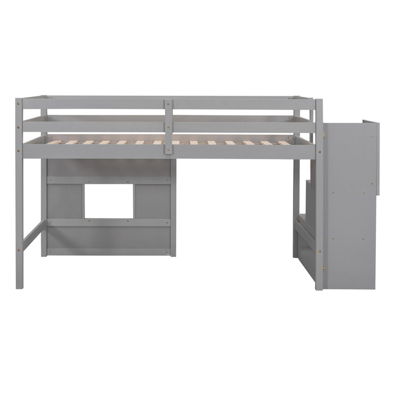 Lit mezzanine simple gris avec escalier de rangement spacieux et fenêtre agréable - bois pour une chambre à coucher tranquille