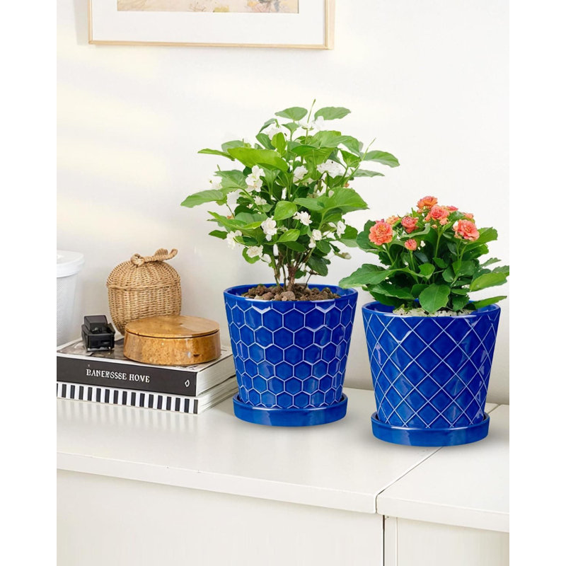 2-Piece 6" Sapphire Blue Ceramic Plant Pots (Drainage + Saucer)