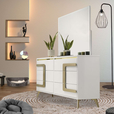 Claire 6-Drawer Double Dresser with Matching Wall Mirror Set, Modern Bedroom Storage Unit featuring Gold Accents in Sleek White Finish