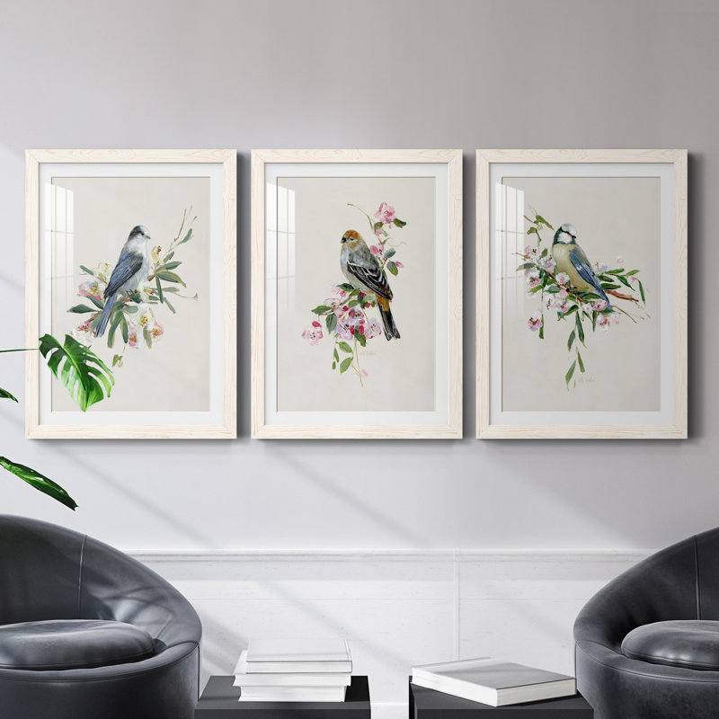 «Spring Song Blue Bird», ensemble de 3 cadres photo, H 31,5 po x l 47 po x P 1,5 po, Blanc