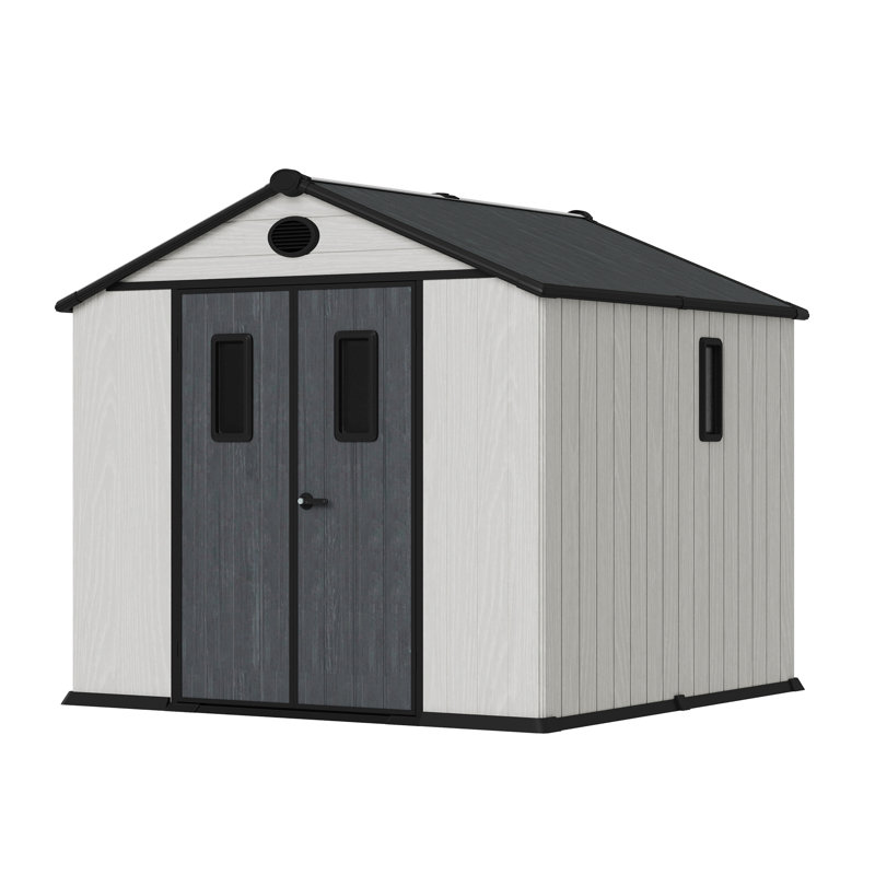 Outdoor Storage Tool Shed With Door And Floor, Plastic Outdoor Storage Shed With Steel Frame, White, White, 8'*8'