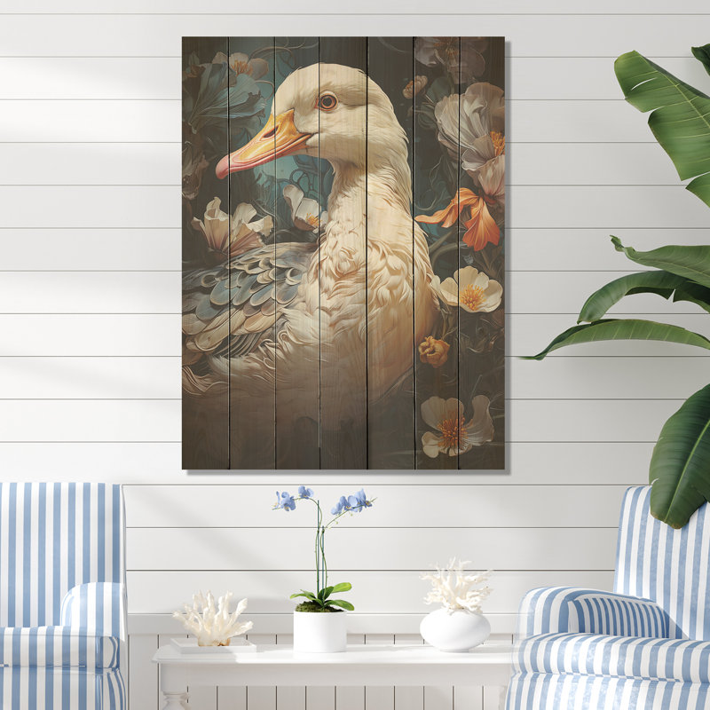 Élégance florale à plumes de canard blanc - animal canard sur bois, H 20 po x l 10 po