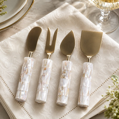 Modern Metal Steel Cheese Knife Hostess Serving Set in Box for Dining Table - Kitchen Serveware for Entertaining and Catering - Set of 4, 8", White & Gold