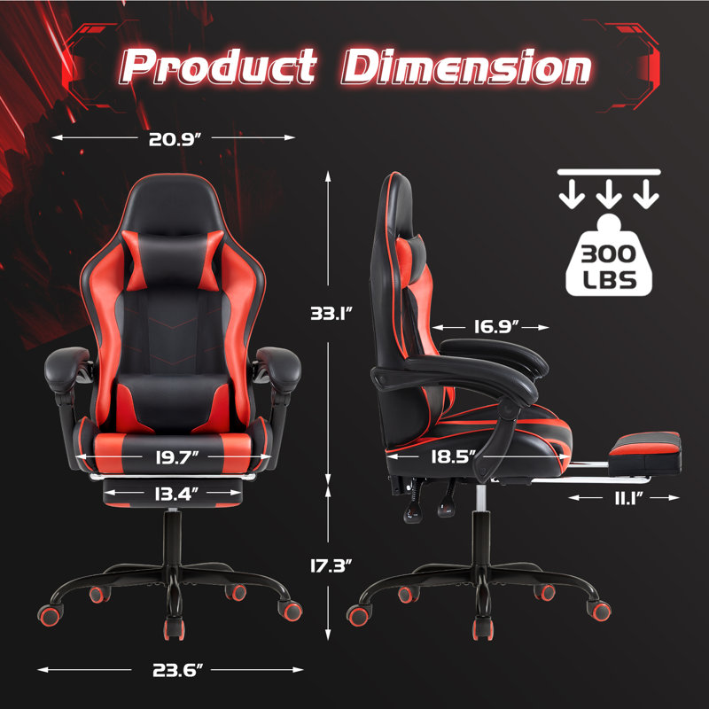 Adjustable Video Gaming Chair with Massage Swiveling PC & Racing Game Chair with Footrest, Black/Red