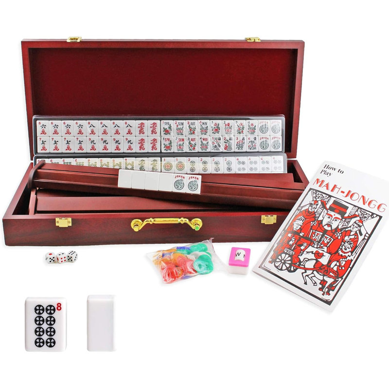 Ensemble de Mahjong américain dans une caisse en bois 166 tuiles 4 poussoirs et supports en bois