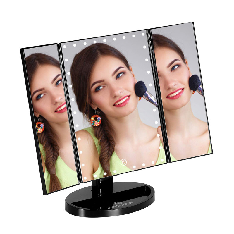 Touch Trifold XL Dimmable LED Makeup Mirror with Standing Base Vanity Dressing Mirror with USB Cable, Black