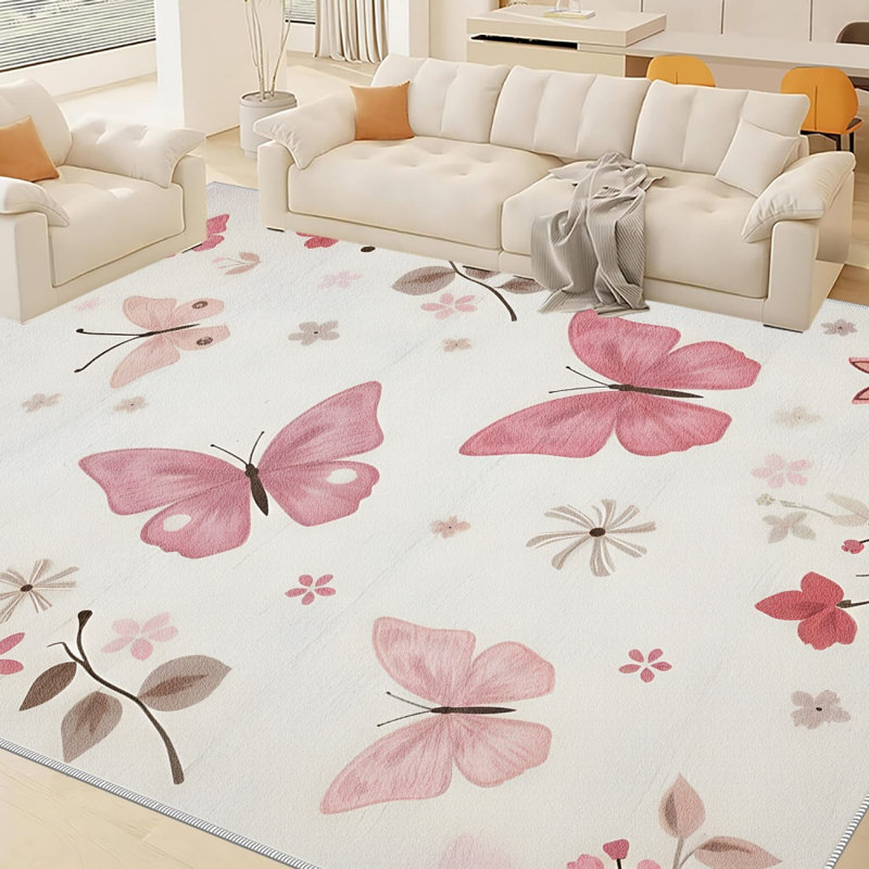 Cream Pink Butterfly Carpet-waterproof, easy to clean, machine-washable, soft and comfortable; suitable for door mats, kitchens, living rooms, bedrooms, corridors, and laundry areas. Easy to clean, durable carpet for home decoration.