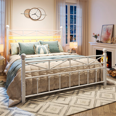 53.6" H Metal Platform Bed with LED Lights and Vintage Headboard