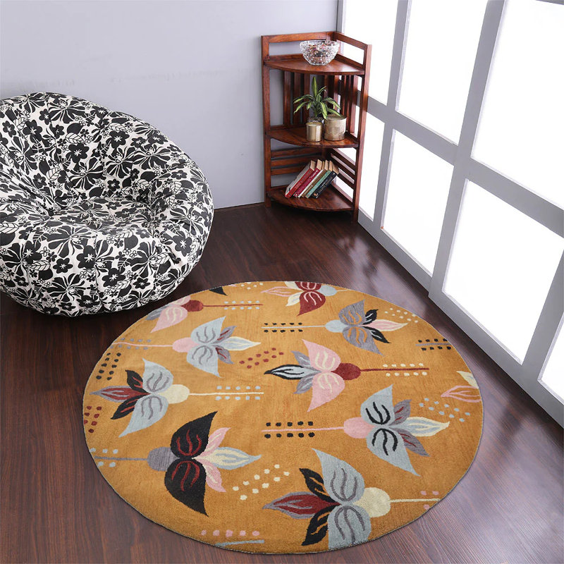 Hand Tufted Wool Eco-Friendly Round Area Rugs - Gold Color, Floral Modern Design, High Pile Thick Handmade Anti Skid Area Rugs for Living Room, Bed Room