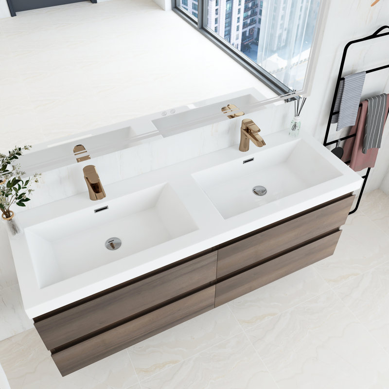 Princeton 60'' Double Bathroom Vanity with Resin Top, Gray Oak