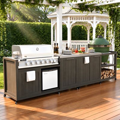 Ensemble d'îlot de cuisine modulaire pour l'extérieur avec table de gril, station de cuisson en bois massif pour gril de 28 à 36 po et gril Kamado, plateau en acier inoxydable 304, comptoir amovible et armoires de rangement