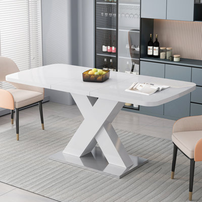 Table de salle à manger moderne carrée, extensible, plateau de table blanc + pied de table en MDF en X avec base en métal