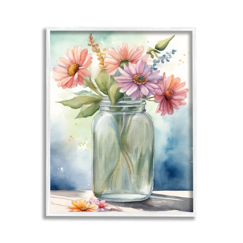 «Gerbera Daisies in Jar», art de la giclée encadrée par Kim Allen, Giclée encadrée blanc bord de mer, H 14 po x l 11 po
