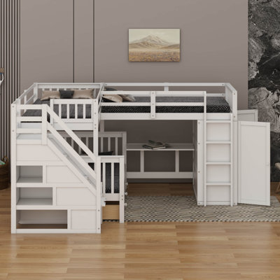Twin-Twin Over Full L-Shaped Bunk Bed With 3 Drawers, Portable Desk & Wardrobe