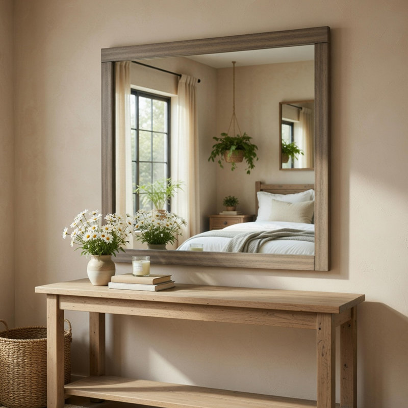 Miroir de coiffeuse Rie, cadre en bois gris patiné, 36 x 41