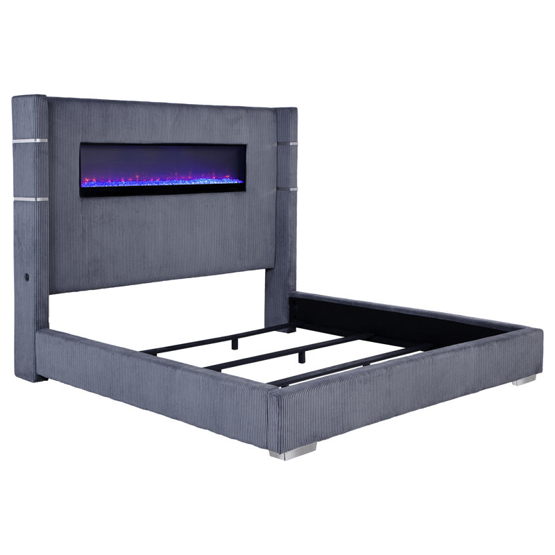 Très grand lit de cheminée tapissier noir Tisdall, Gris, Très grand