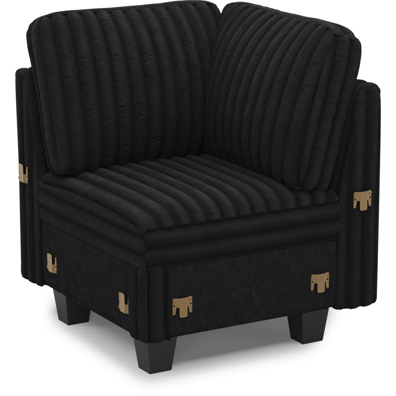 Isolde Wide Plush Corduroy Corner Seat Module Part D  For Modular Sofa, Black