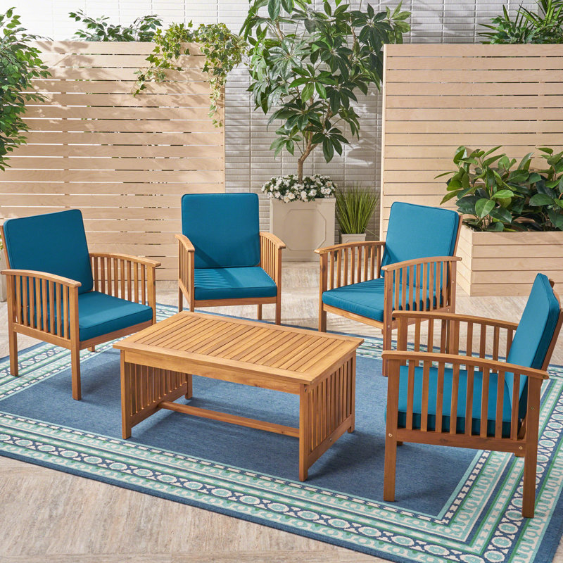 Ensemble de conversation d'extérieur avec coussins 5 pièces, Structure brune / coussins sarcelle foncé