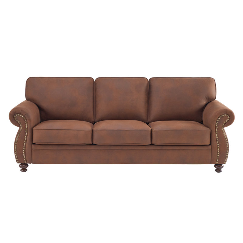 88" Wide Fabric Rolled Arm Sofa Nailhead Trim & Solid Wood Legs, Caramel