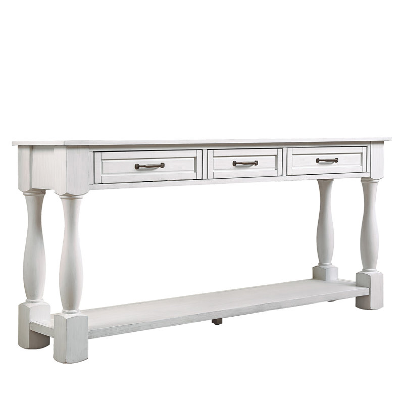 White Solid Wood Console Table with Storage Drawers and Shelf
