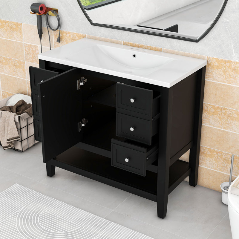 Meuble-lavabo autoportant élégant avec lavabo en céramique et rangement spacieux, Noir