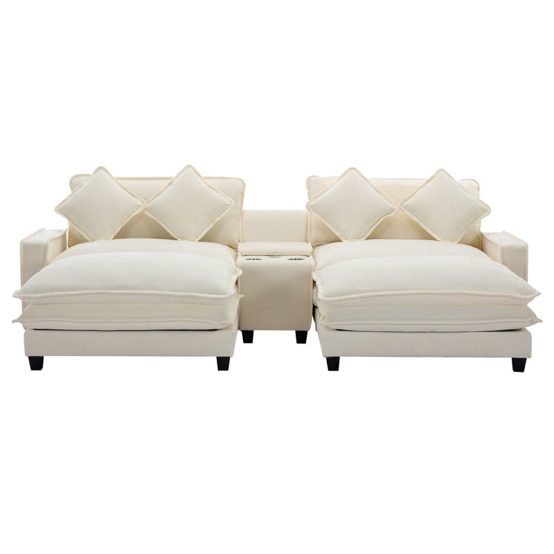 111" Sectional Sofa Chenille Upholstered Sofa With Two Removable Ottoman, Beige Chenille