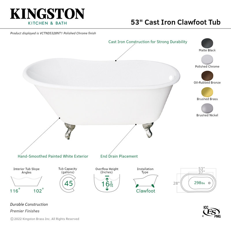 Kingston Brass Aqua Eden 53-Inch Cast Iron Oval Single Slipper Clawfoot Tub (No Faucet Drillings), Brushed Brass