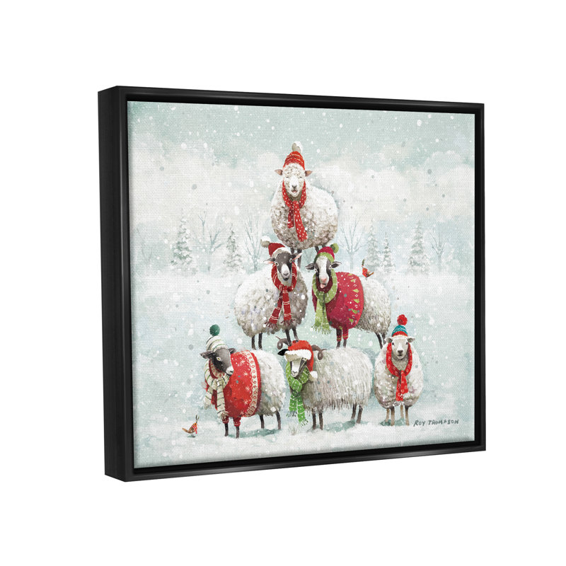 «Winter Sheep Snowy Farm Animals» par Roy Thompson - peinture à cadre flottant, H 17 po x l 21 po x P 1,7 po