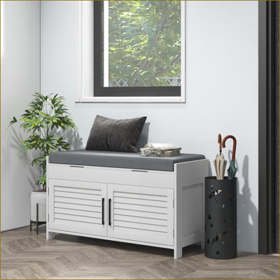 Shoe Bench, 35.4" Entryway/Hallway/Bedroom Storage with Cushion, Adjustable Shelves, Shutter Doors Snow White | White | MDF