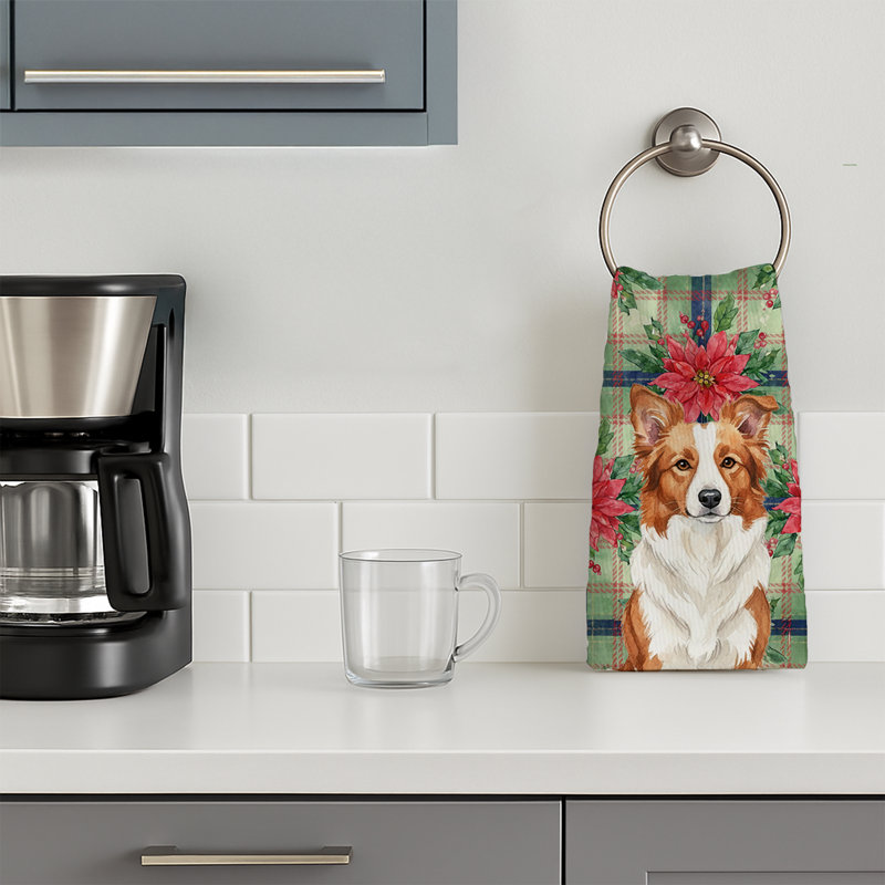 Red and White Border Collie Christmas PoinsettIas Kitchen Towel, Red/White Border Collie
